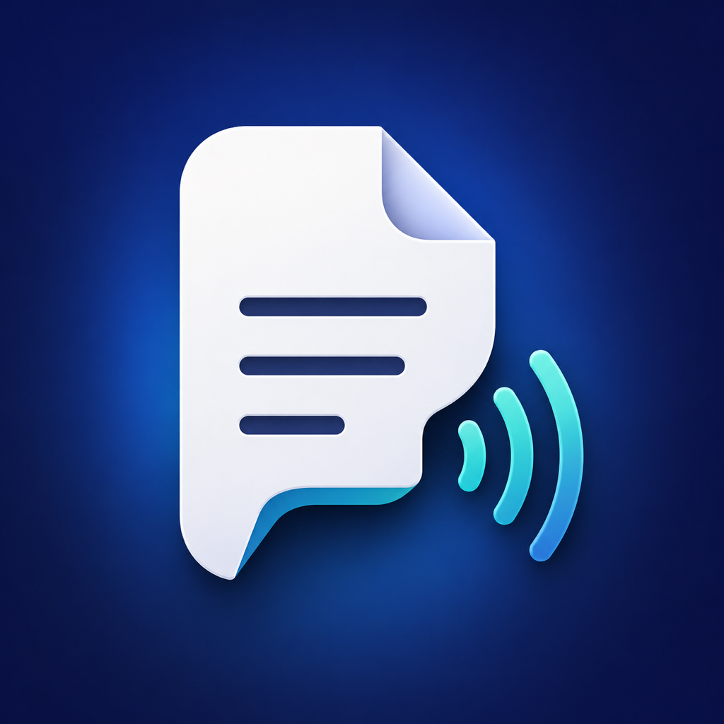 FolioTell app icon — a document with speech waves